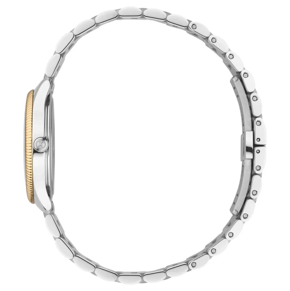 29 mm Edelstahlgehäuse, roségold plattierter Lünette, silbernes Zifferblatt, Edelstahlarmband, Quarzwerk