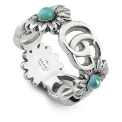 Argento 925, Perlmutt, Blauer Topas, Harz - Ring mit Doppel-G und Blumenmotiv in glänzend gealtertem Sterlingsilber, Perlmutt, blauer Topas und türkisfarbenem Harz