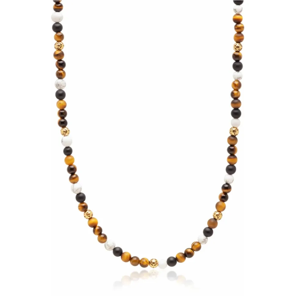 Beaded Necklace with Brown Tiger Eye, Howlite, and Onyx