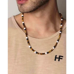 Beaded Necklace with Brown Tiger Eye, Howlite, and Onyx