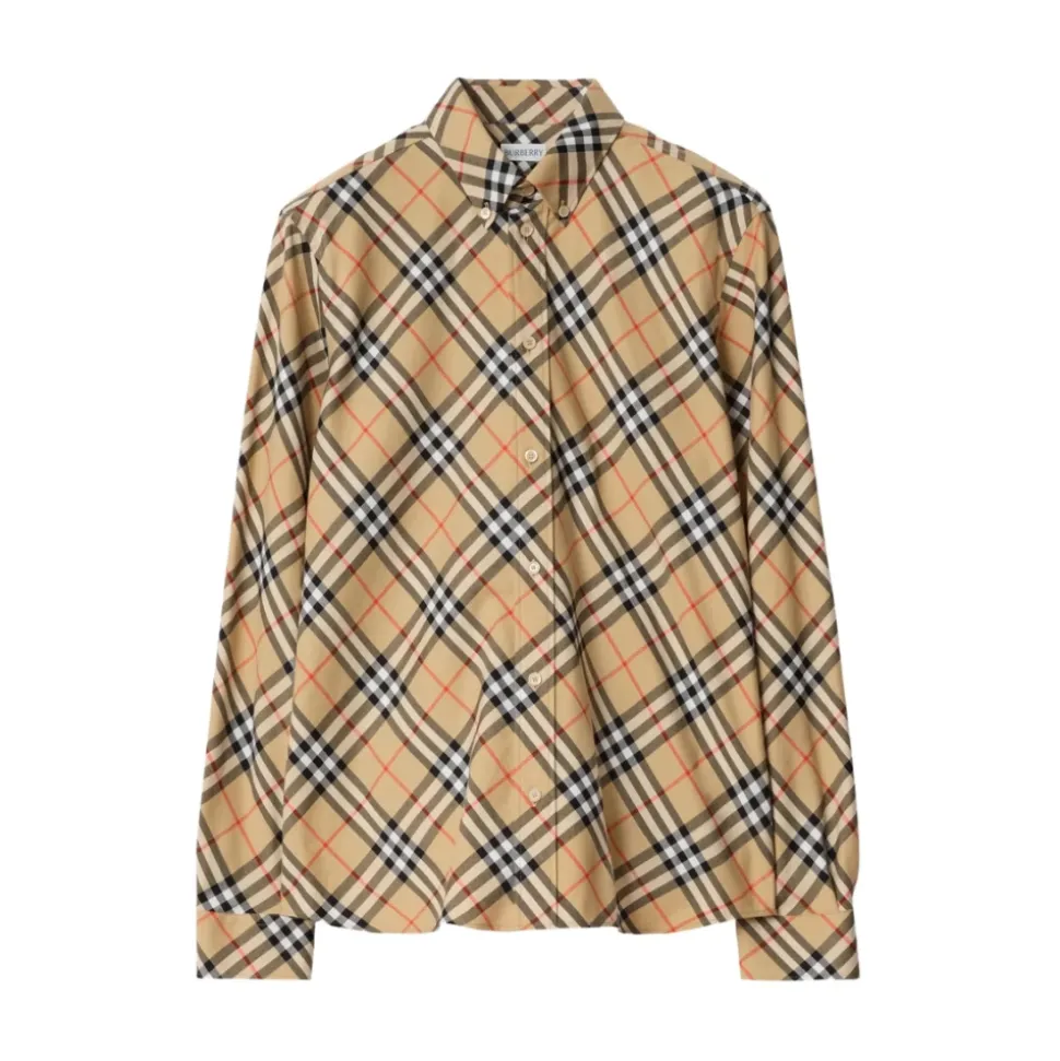Beige Baumwoll-Twill-Knopfhemd