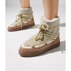 Beige pelzgefütterte Schneestiefel mit Leder