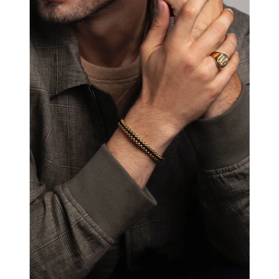 Black Woven Box Chain Bracelet in Gold