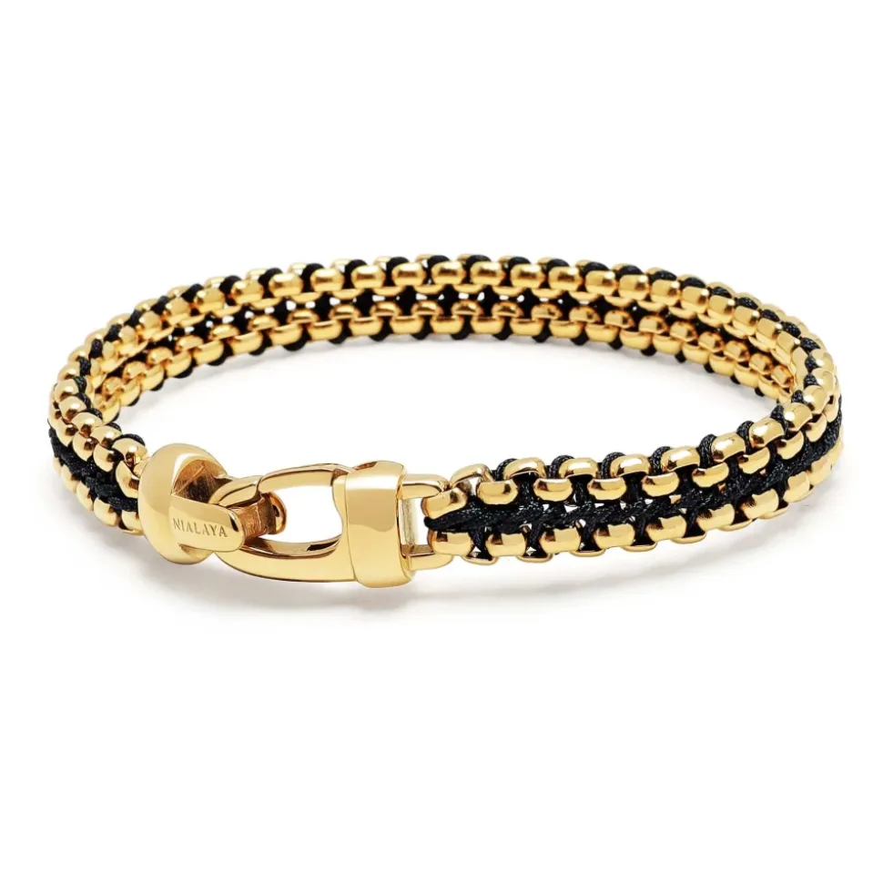 Black Woven Box Chain Bracelet in Gold