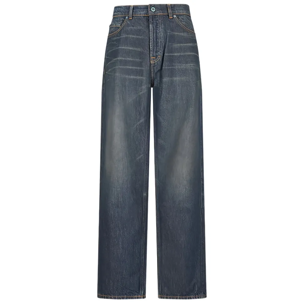 Blaue Baumwoll-Faded-Wash-Jeans mit Knopfleiste
