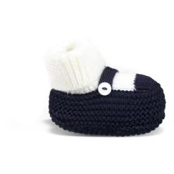Blaue Wollhausschuhe mit Perlmuttknopf