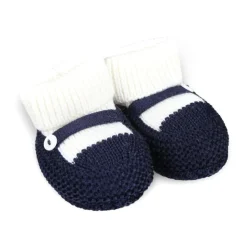 Blaue Wollhausschuhe mit Perlmuttknopf