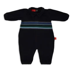 Blauer Fleece-Strampler mit gestreiftem Band