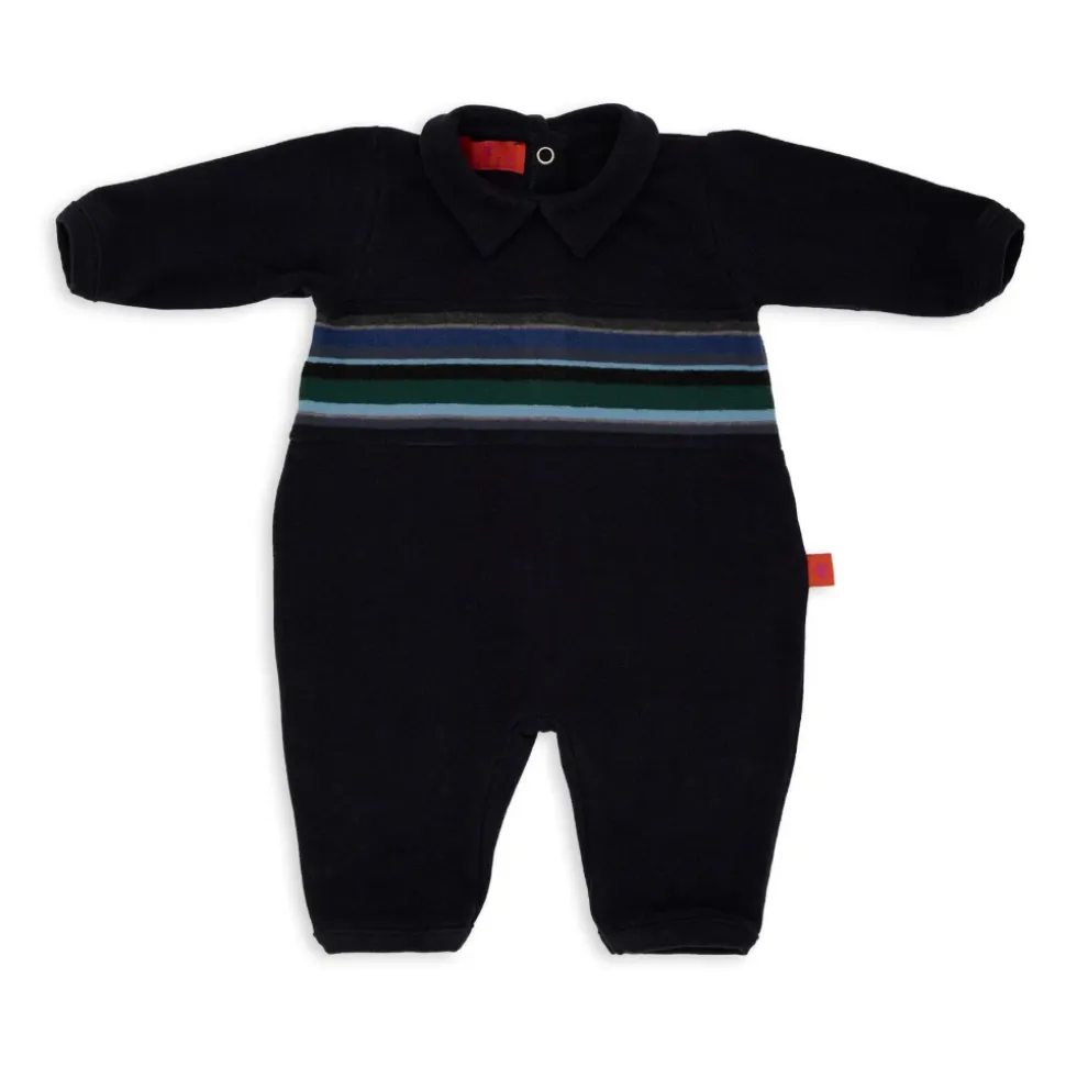Blauer Fleece-Strampler mit gestreiftem Band