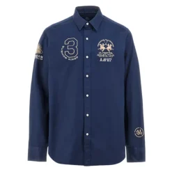 Blaues Baumwollhemd mit Logo vorne und hinten