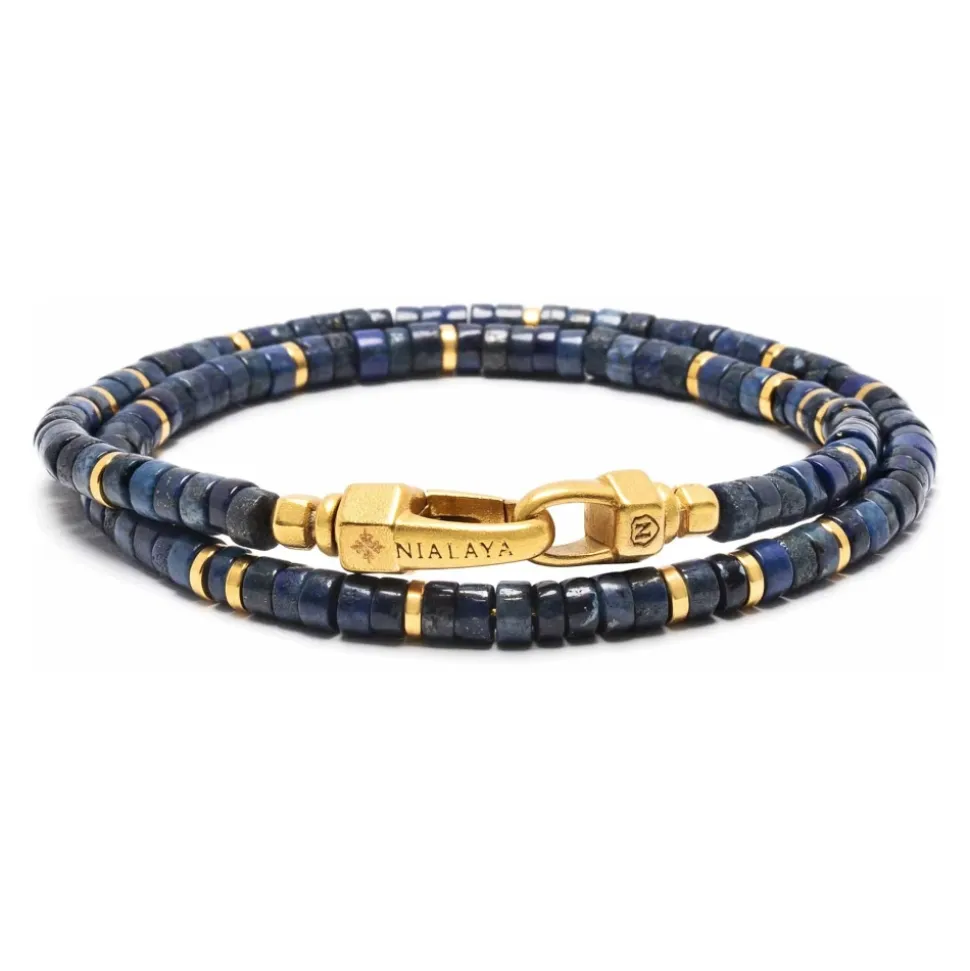 Blue Lapis Heishi Wrap Bracelet with Gold Lock