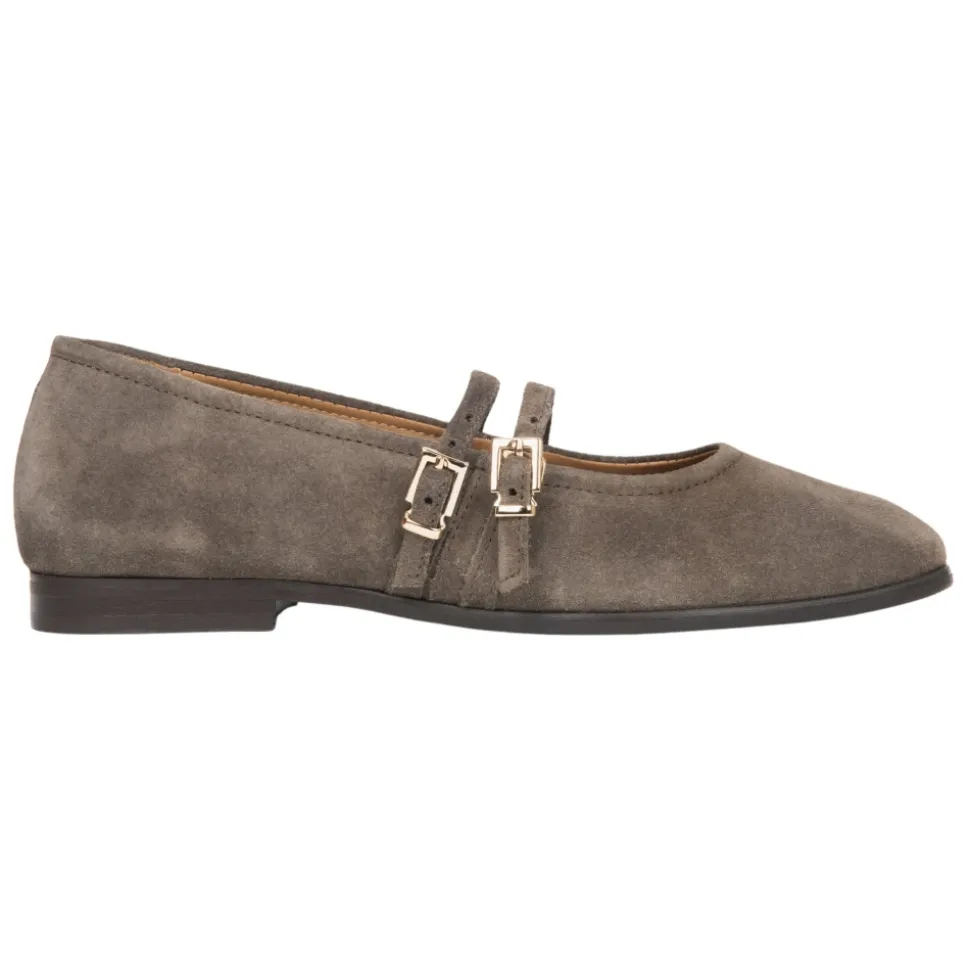 Braune Ballettflats für Damen mit einer Schnalle aus hochwertigem italienischem echtem Velours