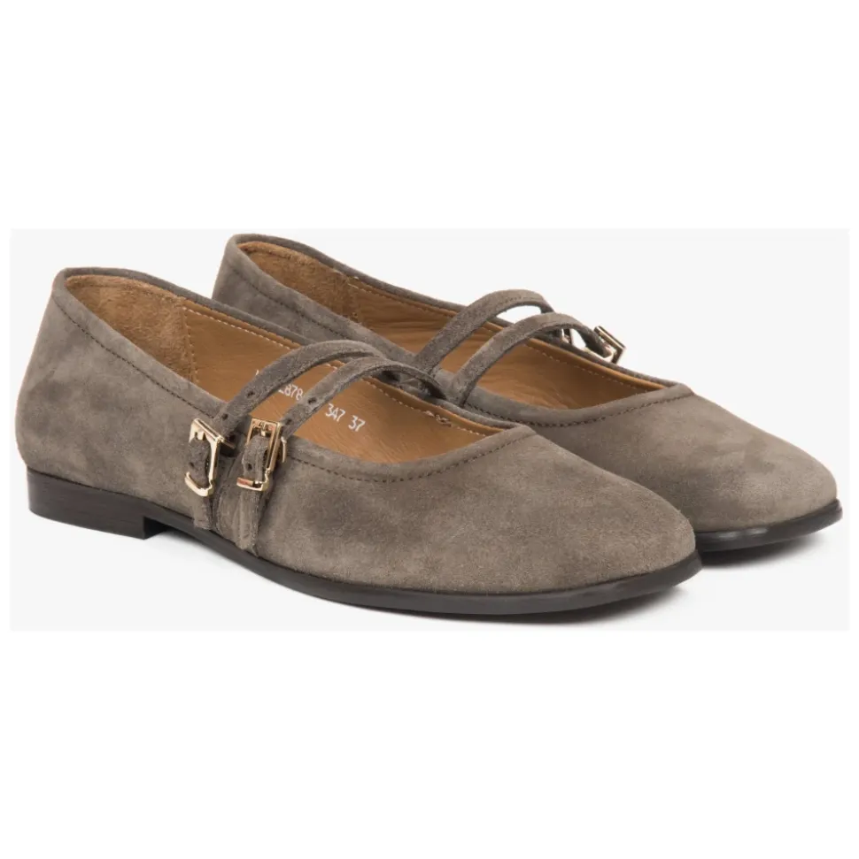 Braune Ballettflats für Damen mit einer Schnalle aus hochwertigem italienischem echtem Velours