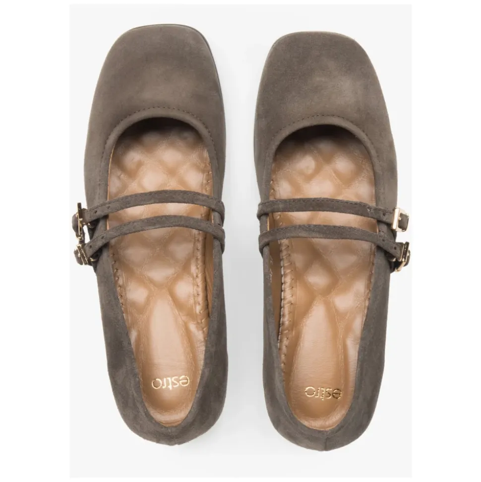 Braune Ballettflats für Damen mit einer Schnalle aus hochwertigem italienischem echtem Velours
