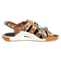 Braune Lederbesetzte Slides Sandalen