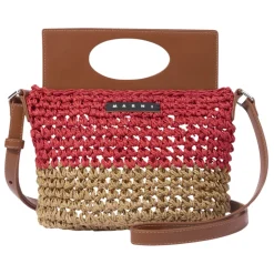 Braune Raffia und Kunstleder Umhängetasche