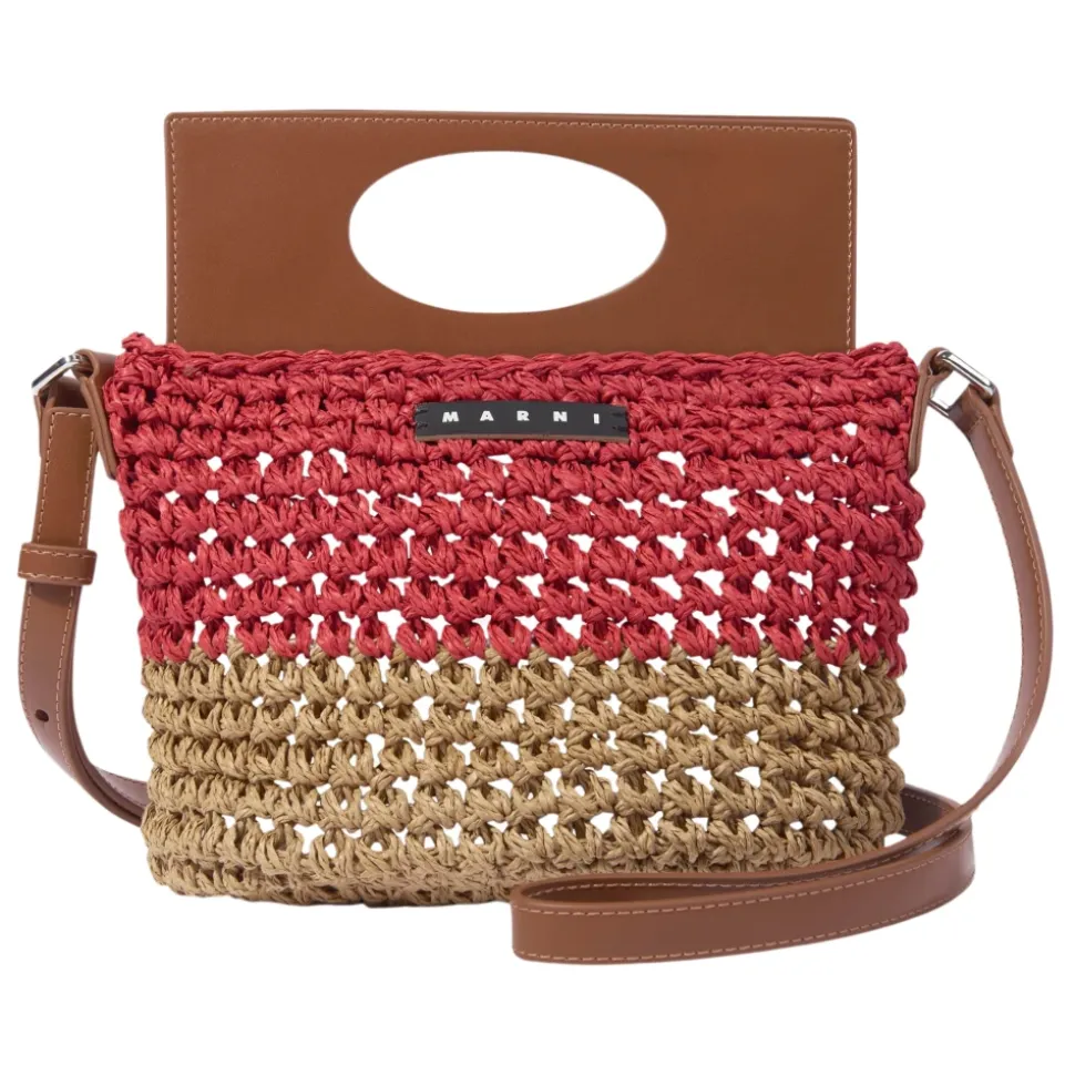 Braune Raffia und Kunstleder Umhängetasche