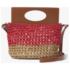 Braune Raffia und Kunstleder Umhängetasche