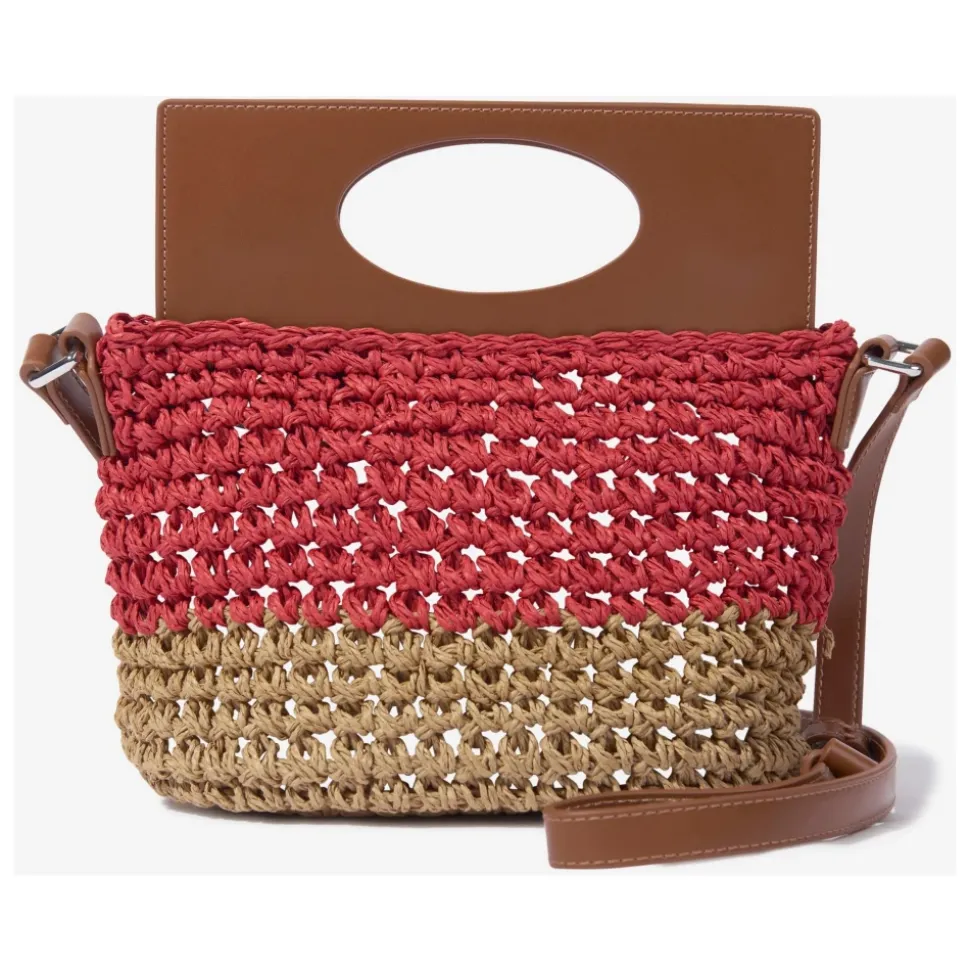 Braune Raffia und Kunstleder Umhängetasche