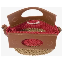 Braune Raffia und Kunstleder Umhängetasche