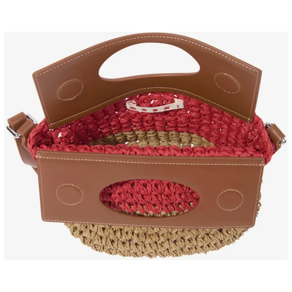 Braune Raffia und Kunstleder Umhängetasche