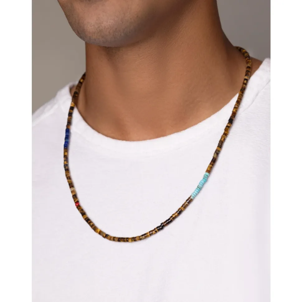 Brown Tiger Eye Heishi Necklace with Blue Lapis and Turquoise