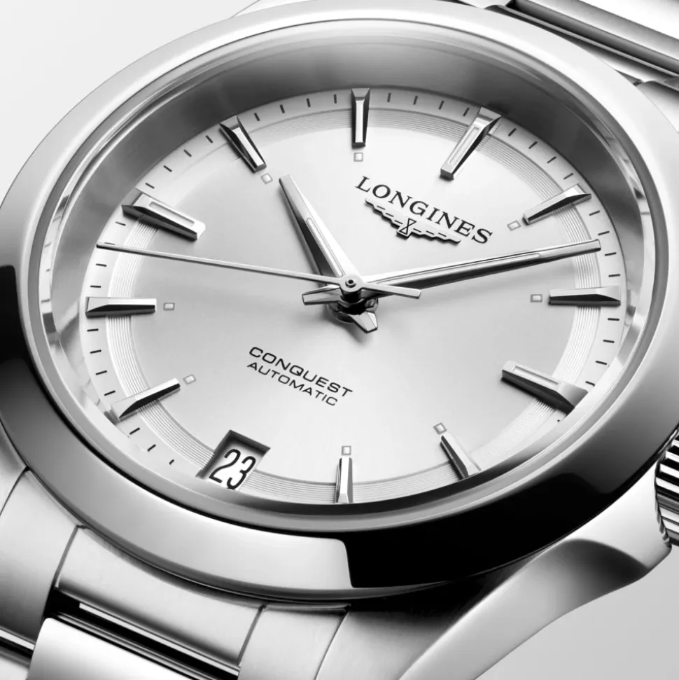 CONQUEST Silbernes Sonnenstrahl-Zifferblatt Stahl Uhr