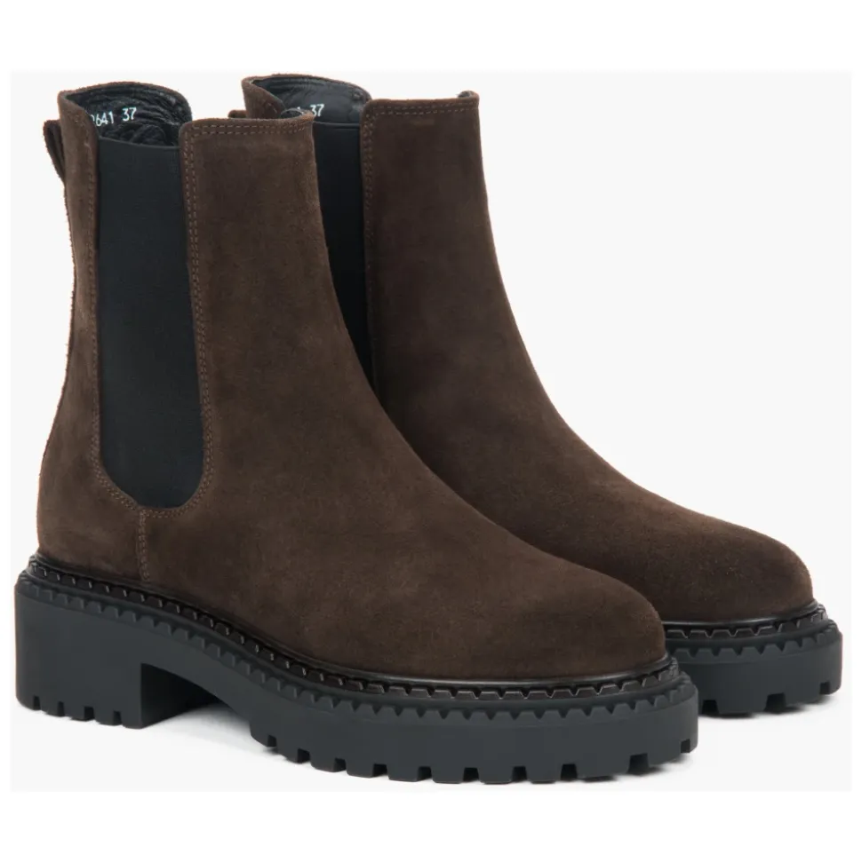 Damen Saddle Brown Platform Chelsea Boots aus echtem italienischem Velours