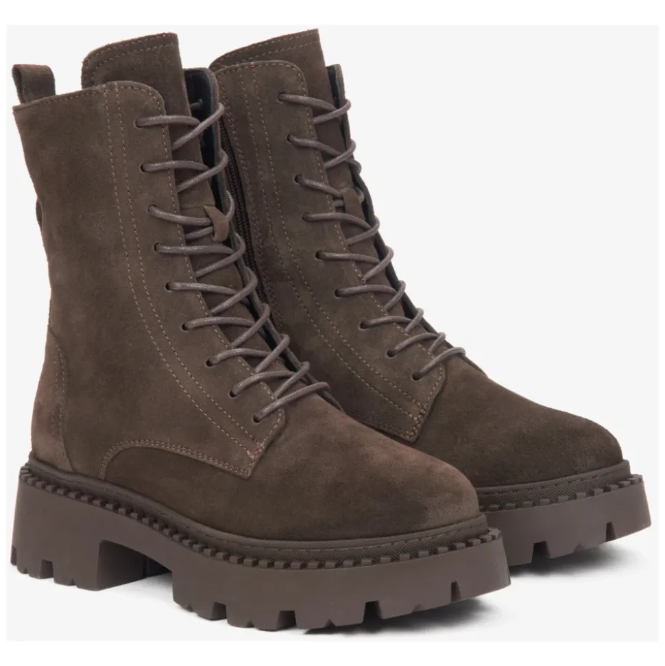 Damen Sattelbraune Ankle Boots aus echtem italienischem Velours