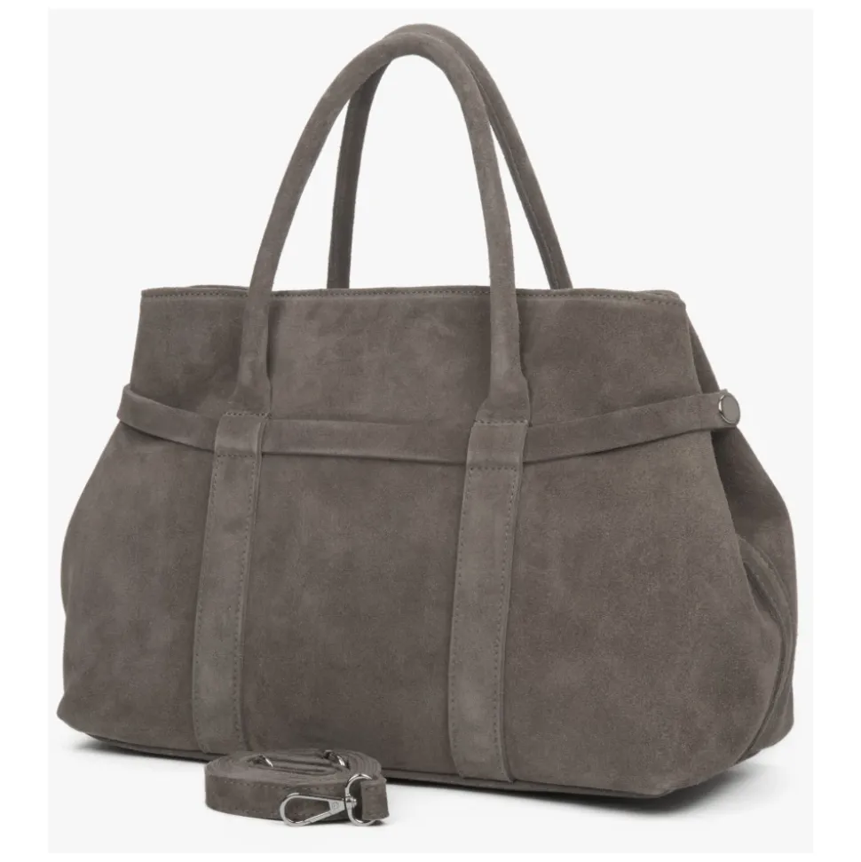 Dunkelbeige Tote-Schultertasche für Frauen aus echtem italienischem Premium-Velours