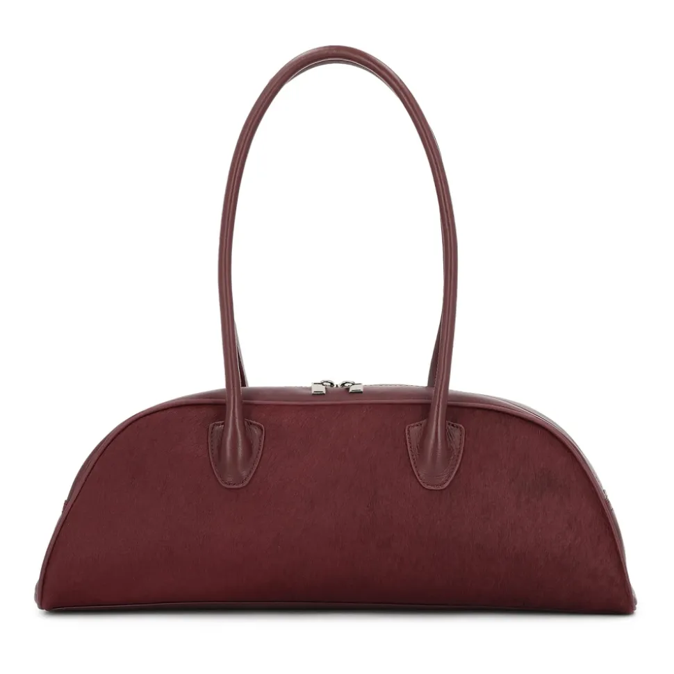 Dunkelbraune ovalförmige Ledertasche mit Borsten