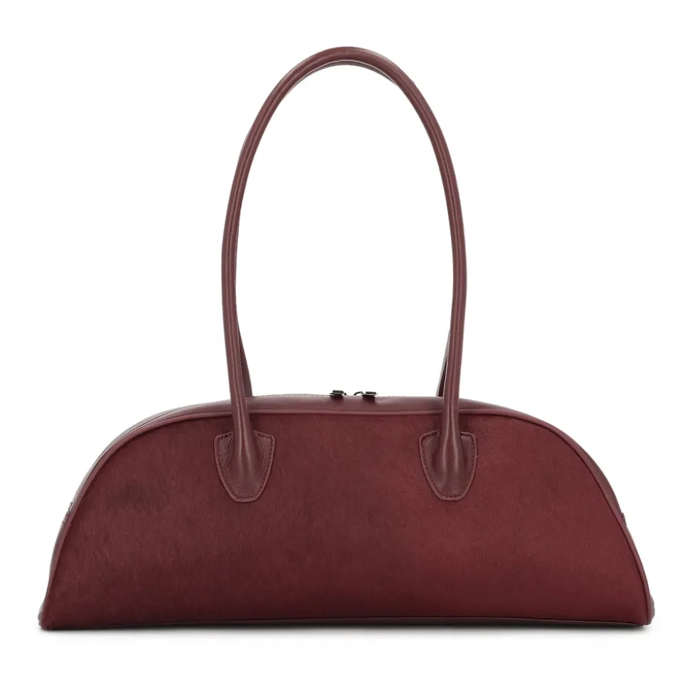 Dunkelbraune ovalförmige Ledertasche mit Borsten