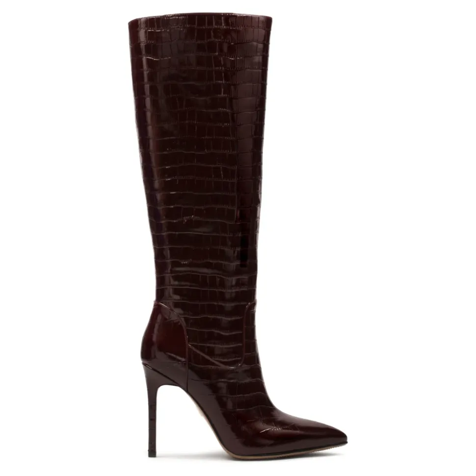 Dunkelrote geprägte Lederstiefel