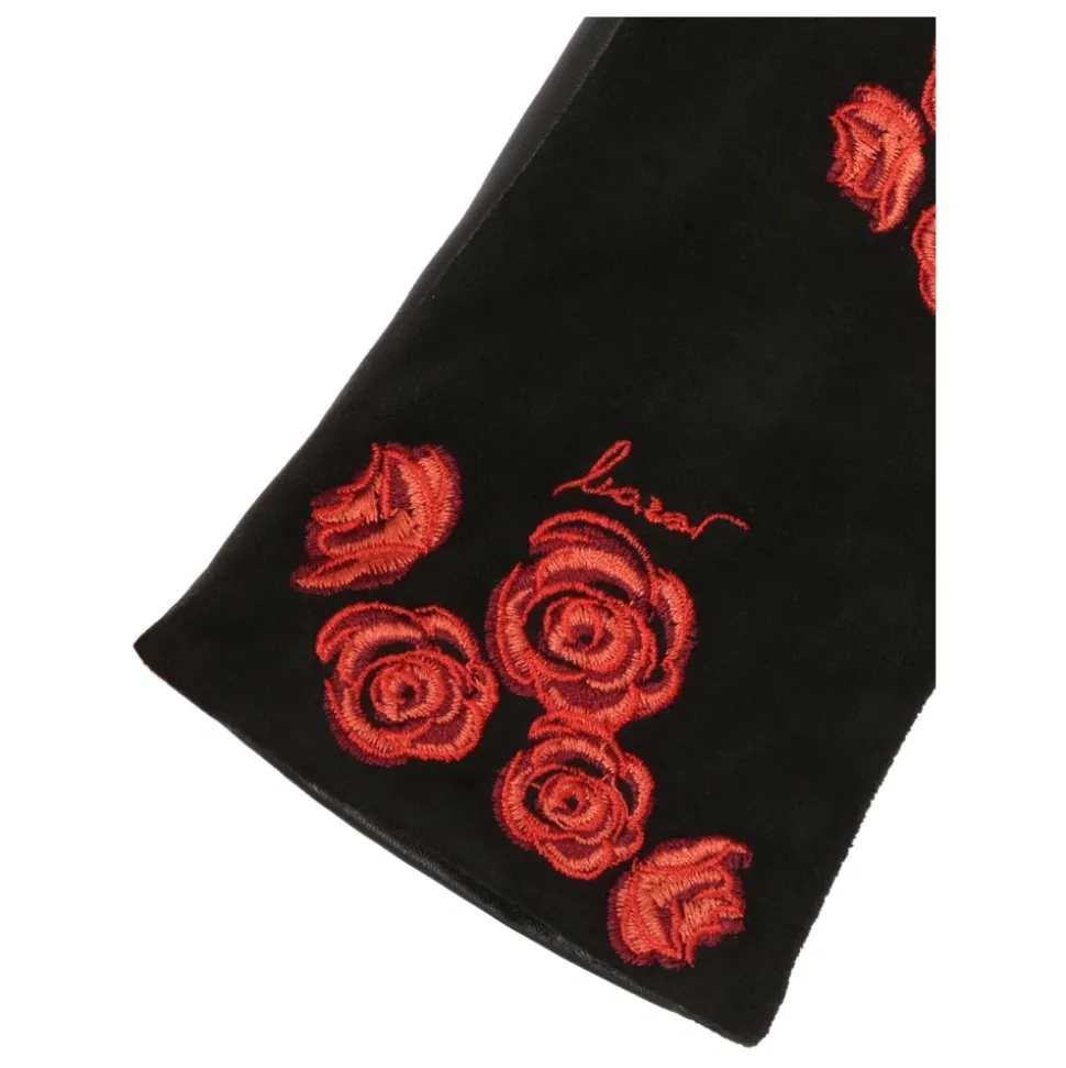 Elegante schwarze Handschuhe mit bestickten roten Blumen