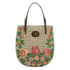 Embroidered Raffia VLogo Signature Schultertasche