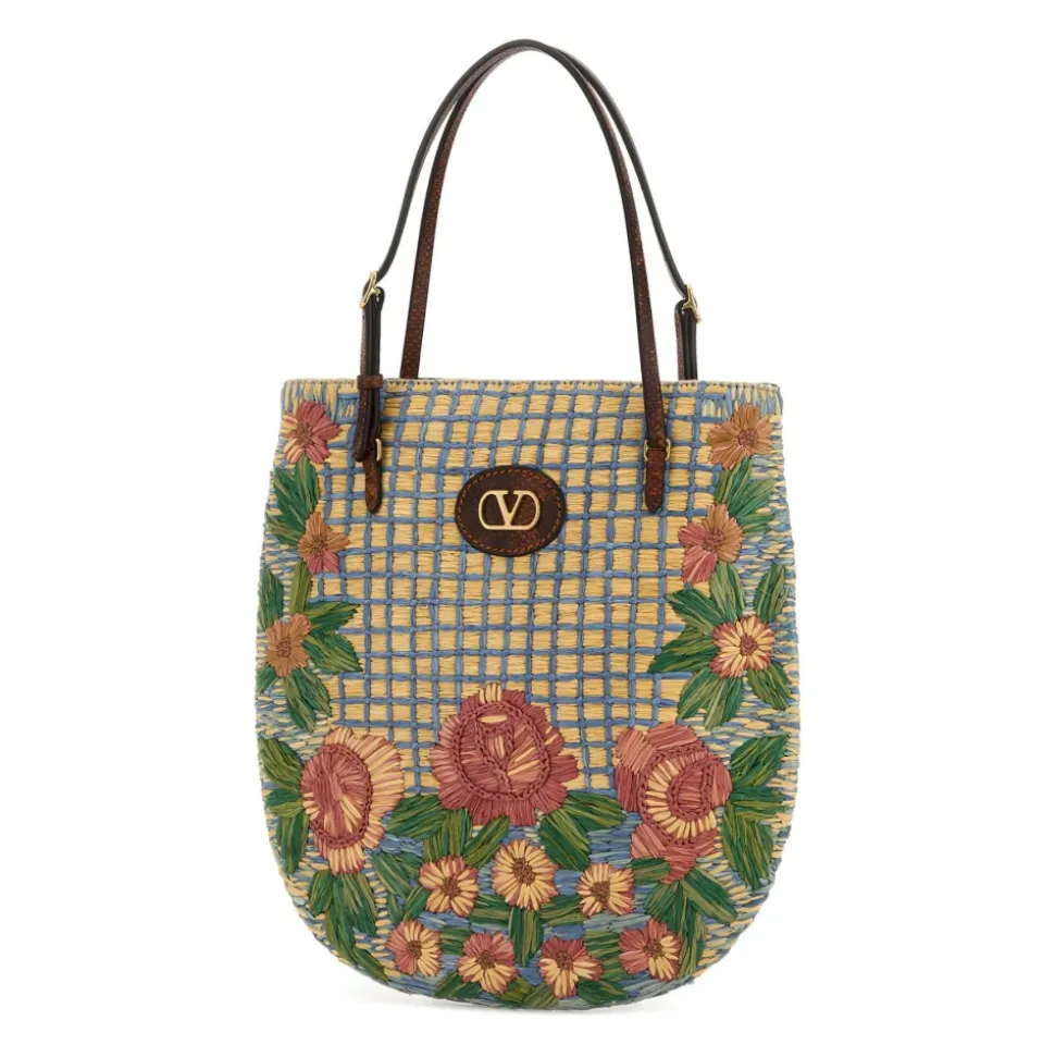 Embroidered Raffia VLogo Signature Schultertasche