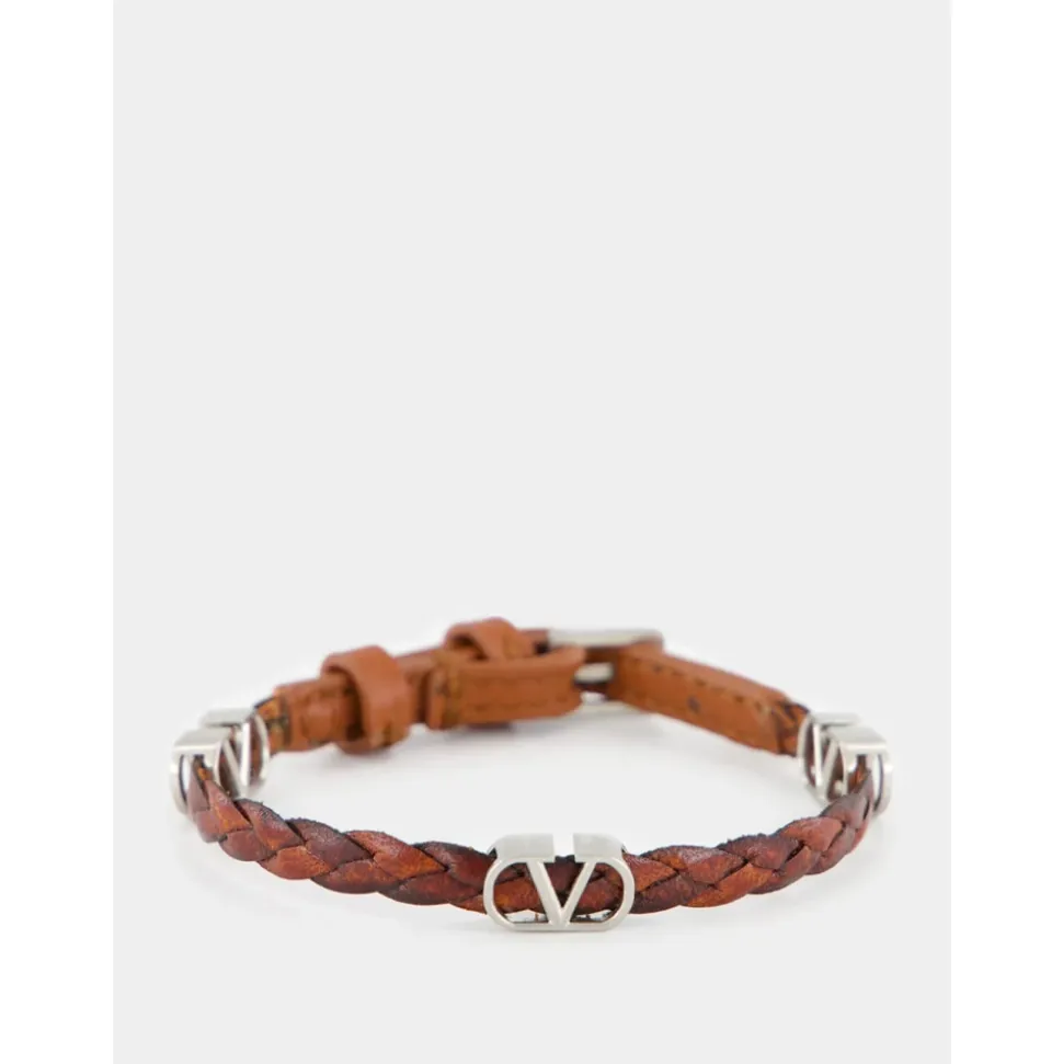 Geflochtenes VLogo Lederarmband Dunkles Brandy