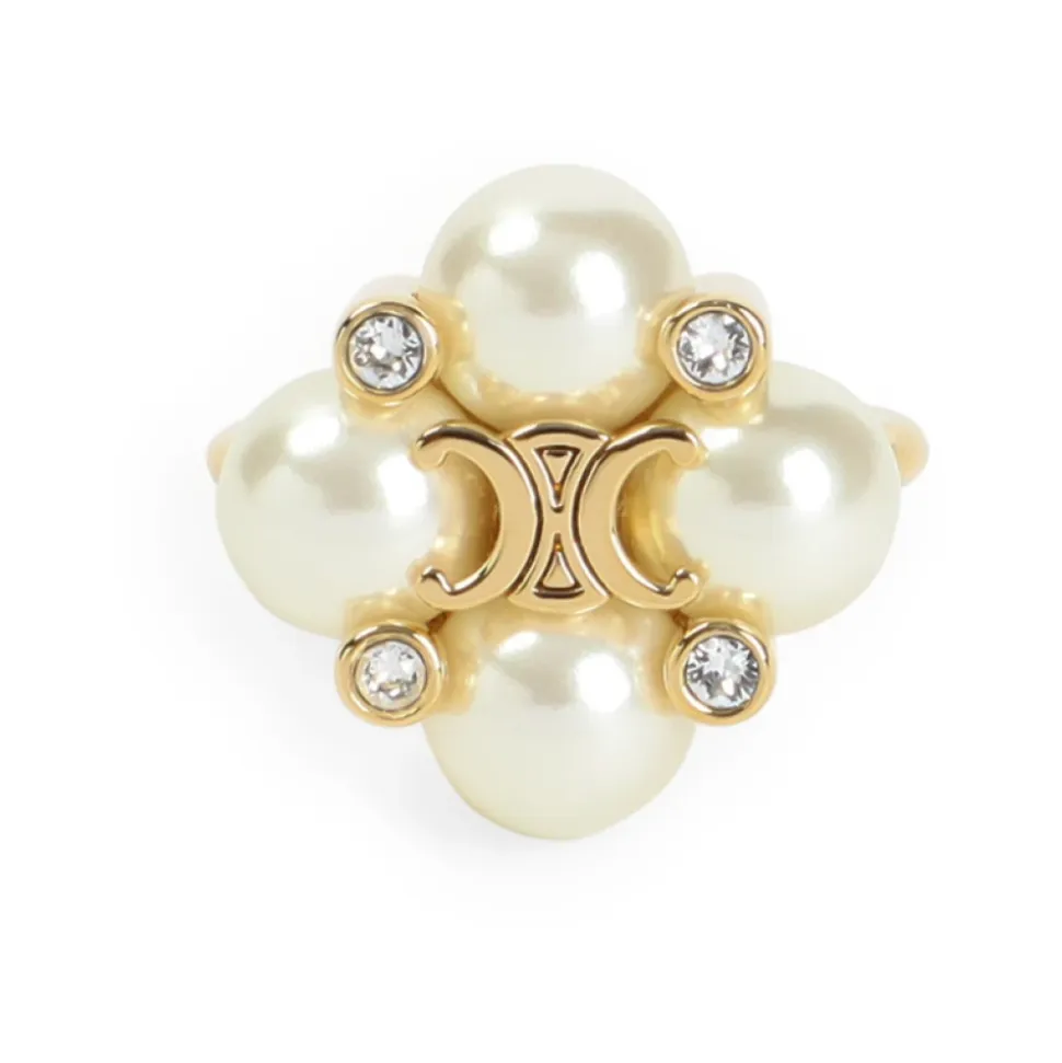 Gold Messing Ring mit Kristall und Perle