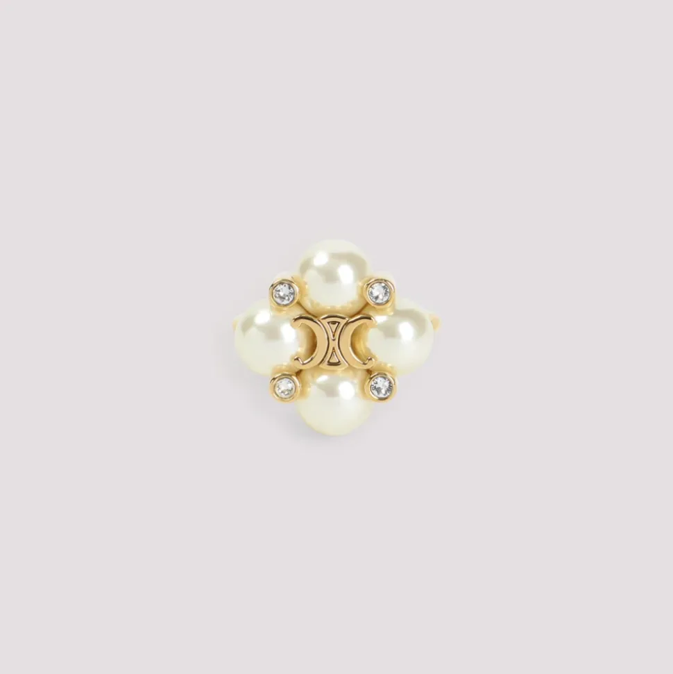 Gold Messing Ring mit Kristall und Perle