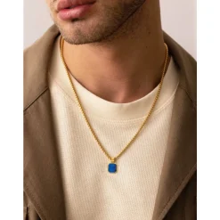 Gold Necklace with Square Blue Lapis Pendant