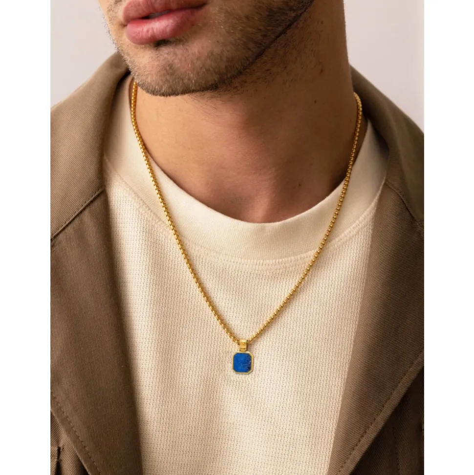 Gold Necklace with Square Blue Lapis Pendant