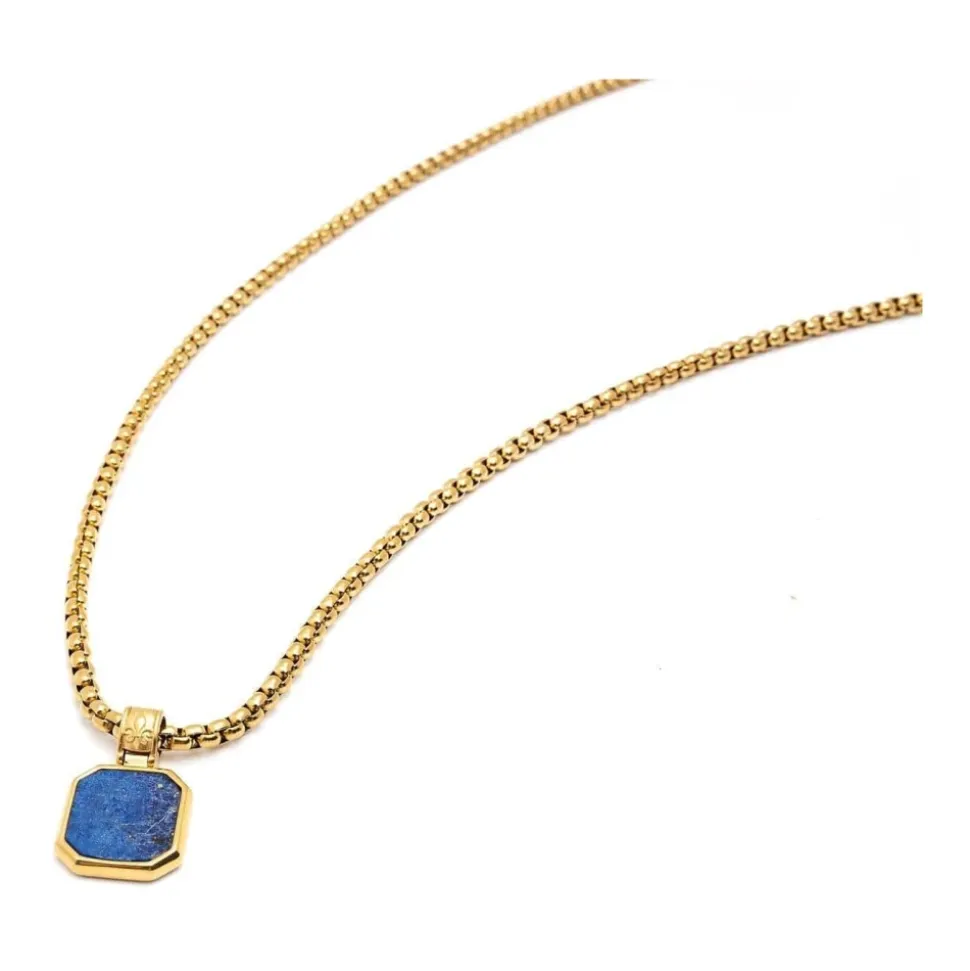 Gold Necklace with Square Blue Lapis Pendant