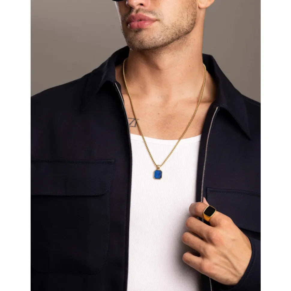 Gold Necklace with Square Blue Lapis Pendant