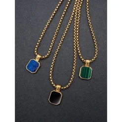 Gold Necklace with Square Blue Lapis Pendant