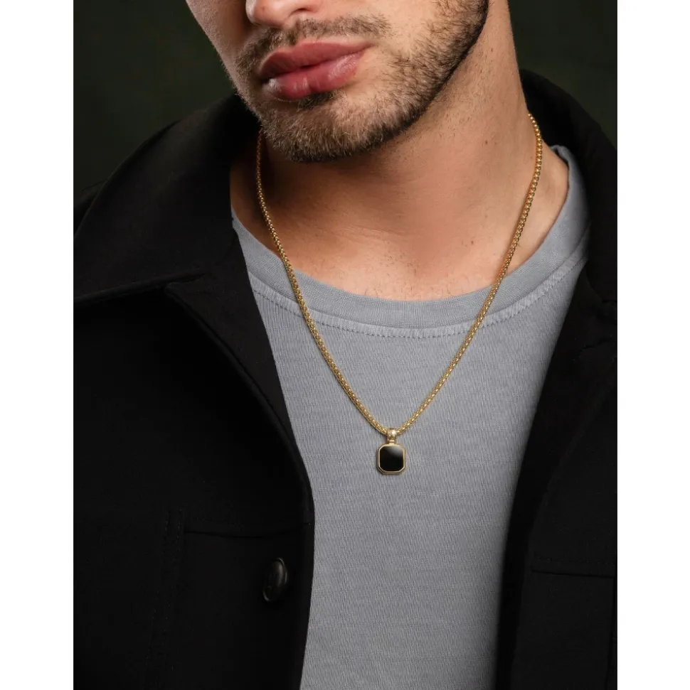 Gold Necklace with Square Onyx Pendant