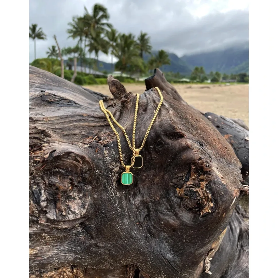 Gold Necklace with Square Onyx Pendant