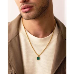 Gold Necklace with Square Malachite Pendant