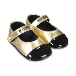 Goldene Leder-Ballettflats mit Riemen