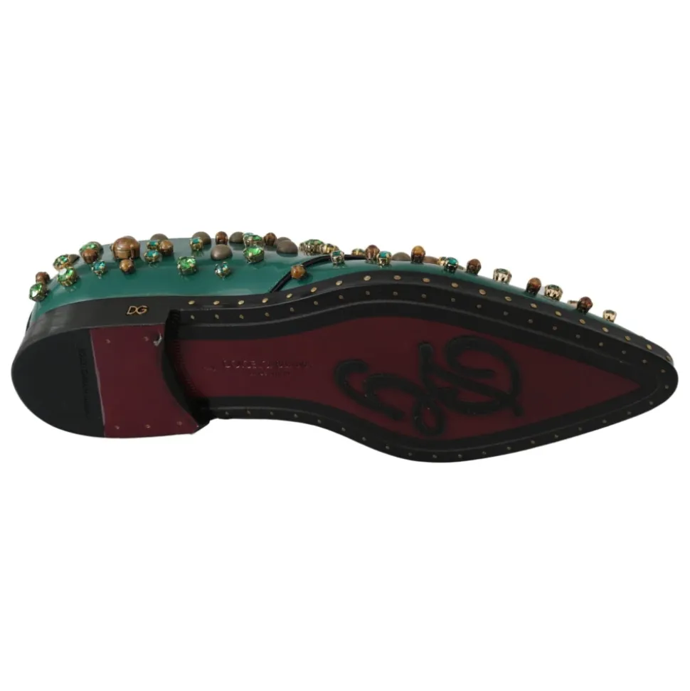 Grüne Lederkristallkleid Broque Schuhe