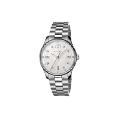 G-Timeless 29 mm Edelstahlgehäuse, weißes Perlmuttzifferblatt mit und Schriftzug, Diamantindizes, Edelstahlarmband
